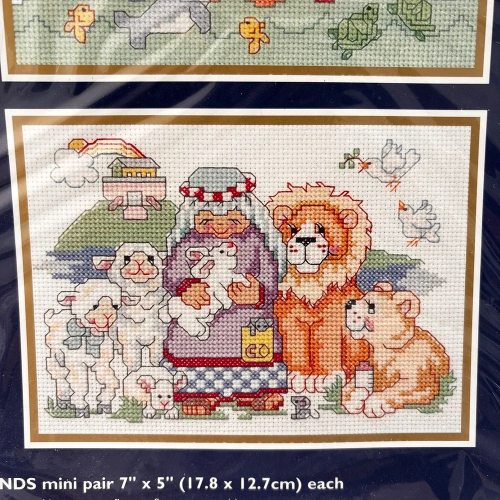 Vintage Bucilla Baby Cross Stitch Kit Mini Pair Noah & Friends 7x5